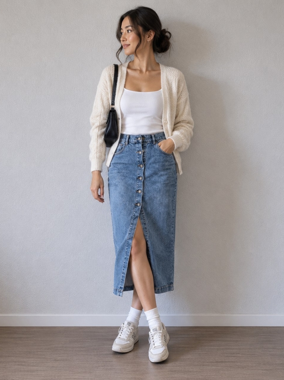Button-Front High-Waist Denim Midi Skirt in Light Blue